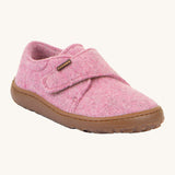 Froddo barefoot wooly children's shoe in pink. A natural wooly shoe with a velcro fastener for a secure fit and a dark brown grippy sole