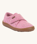 Froddo barefoot wooly children's shoe in pink. A natural wooly shoe with a velcro fastener for a secure fit and a dark brown grippy sole
