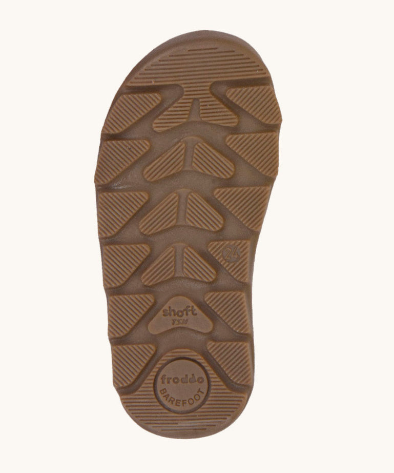 The brown rubber grippy sole for the  Froddo barefoot Zuru tex children's shoe in dark blue available at Babipur