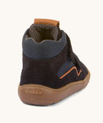 The back of the  Froddo barefoot Tex Autumn children's shoe in navy showing the padded ankle support and the brown grippy sole detail
