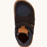 A top down image of the The front of the  Froddo barefoot Tex Autumn children's shoe in navy available at Babipur. showing 2 velcro fasteners on the front and insole detail