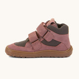 A side image of the Froddo barefoot Tex Autumn children's shoe in pink and grey available at Babipur showing 2 velcro fasteners on the front, padded ankle support and a brown grippy sole.