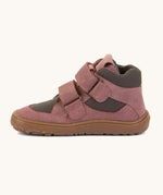 A side image of the Froddo barefoot Tex Autumn children's shoe in pink and grey available at Babipur showing 2 velcro fasteners on the front, padded ankle support and a brown grippy sole.