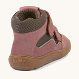 The back of the  Froddo barefoot Tex Autumn children's shoe in pink and grey showing the padded ankle support and the brown grippy sole detail