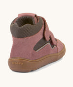 The back of the  Froddo barefoot Tex Autumn children's shoe in pink and grey showing the padded ankle support and the brown grippy sole detail