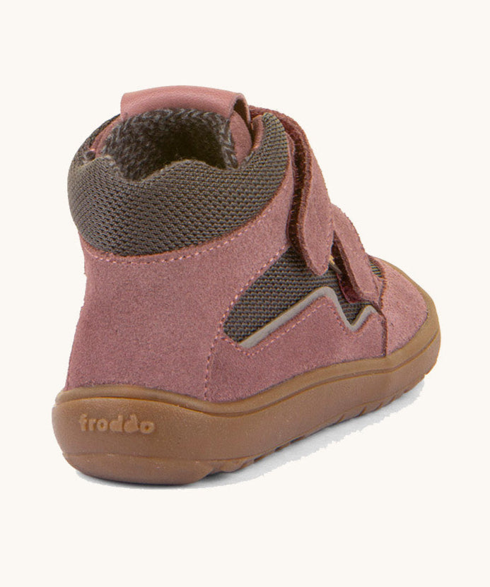 The back of the  Froddo barefoot Tex Autumn children's shoe in pink and grey showing the padded ankle support and the brown grippy sole detail