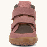 The front of the  Froddo barefoot Tex Autumn children's shoe in pink and grey available at Babipur showing 2 velcro fasteners on the front and the brown grippy sole detail
