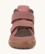 The front of the  Froddo barefoot Tex Autumn children's shoe in pink and grey available at Babipur showing 2 velcro fasteners on the front and the brown grippy sole detail