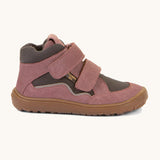 A side image of the Froddo barefoot Tex Autumn children's shoe in pink and grey available at Babipur showing 2 velcro fasteners on the front for a secure fit, padded ankle and a brown grippy sole.