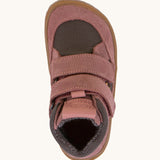 A top down image of the The front of the  Froddo barefoot Tex Autumn children's shoe in pink and grey available at Babipur. showing 2 velcro fasteners on the front and insole detail