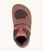 A top down image of the The front of the  Froddo barefoot Tex Autumn children's shoe in pink and grey available at Babipur. showing 2 velcro fasteners on the front and insole detail