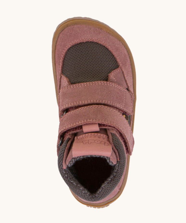 A top down image of the The front of the  Froddo barefoot Tex Autumn children's shoe in pink and grey available at Babipur. showing 2 velcro fasteners on the front and insole detail