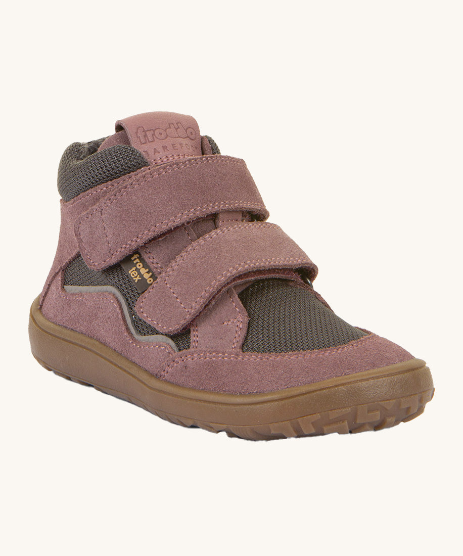 Froddo barefoot Tex Autumn children's shoe in grey and pink. A children's waterproof shoe with a 2 velcro fastener on the front for a secure fit, padded ankle and a brown grippy sole.
