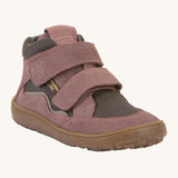 Froddo barefoot Tex Autumn children's shoe in grey and pink. A children's waterproof shoe with a 2 velcro fastener on the front for a secure fit, padded ankle and a brown grippy sole.