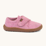 A side image of the Froddo barefoot wooly children's shoe in pink available at Babipur showing the velcro fastener for a secure fit and a dark brown grippy sole