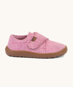 A side image of the Froddo barefoot wooly children's shoe in pink available at Babipur showing the velcro fastener for a secure fit and a dark brown grippy sole