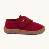 A side image of the Froddo barefoot wooly children's shoe in Bordeaux available at Babipur showing the velcro fastener and grippy sole detail