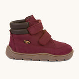 A side image of the Froddo barefoot Zuru tex children's shoe in Bordeau showing the padded ankle and the dark brown grippy sole