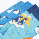 A close up of the Frugi 2 pack penguin brilliant boot socks showing the print detail on blue organic cotton fabric