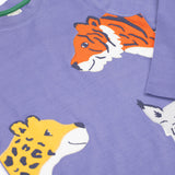 A close up of the front of the Frugi Adventure big cats Applique organic cotton long sleeved top. This top features three big cat appliques on a grape purple coloured background. This top is a part of a wide range of organic cotton clothing for children available here at Babipur.