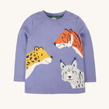 Frugi Adventure big cats Applique organic cotton long sleeved top. This top features three big cat appliques on a grape purple coloured background. This top is a part of a wide range of organic cotton clothing for children available here at Babipur.