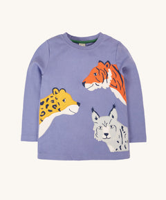 Frugi Adventure big cats Applique organic cotton long sleeved top. This top features three big cat appliques on a grape purple coloured background. This top is a part of a wide range of organic cotton clothing for children available here at Babipur.