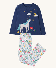Frugi Organic Cotton Alana navy unicorn forest print children's Pyjamas. These pyjamas are part of a wide range of organic cotton clothing for children available here at Babipur.