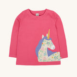Frugi Rose Pink  Unicorn Anna Circular Organic Cotton Top. A pink coloured long sleeved top with a floral print unicorn applique on the front. This top is a part of a wide range of organic cotton clothing for children available here at Babipur.