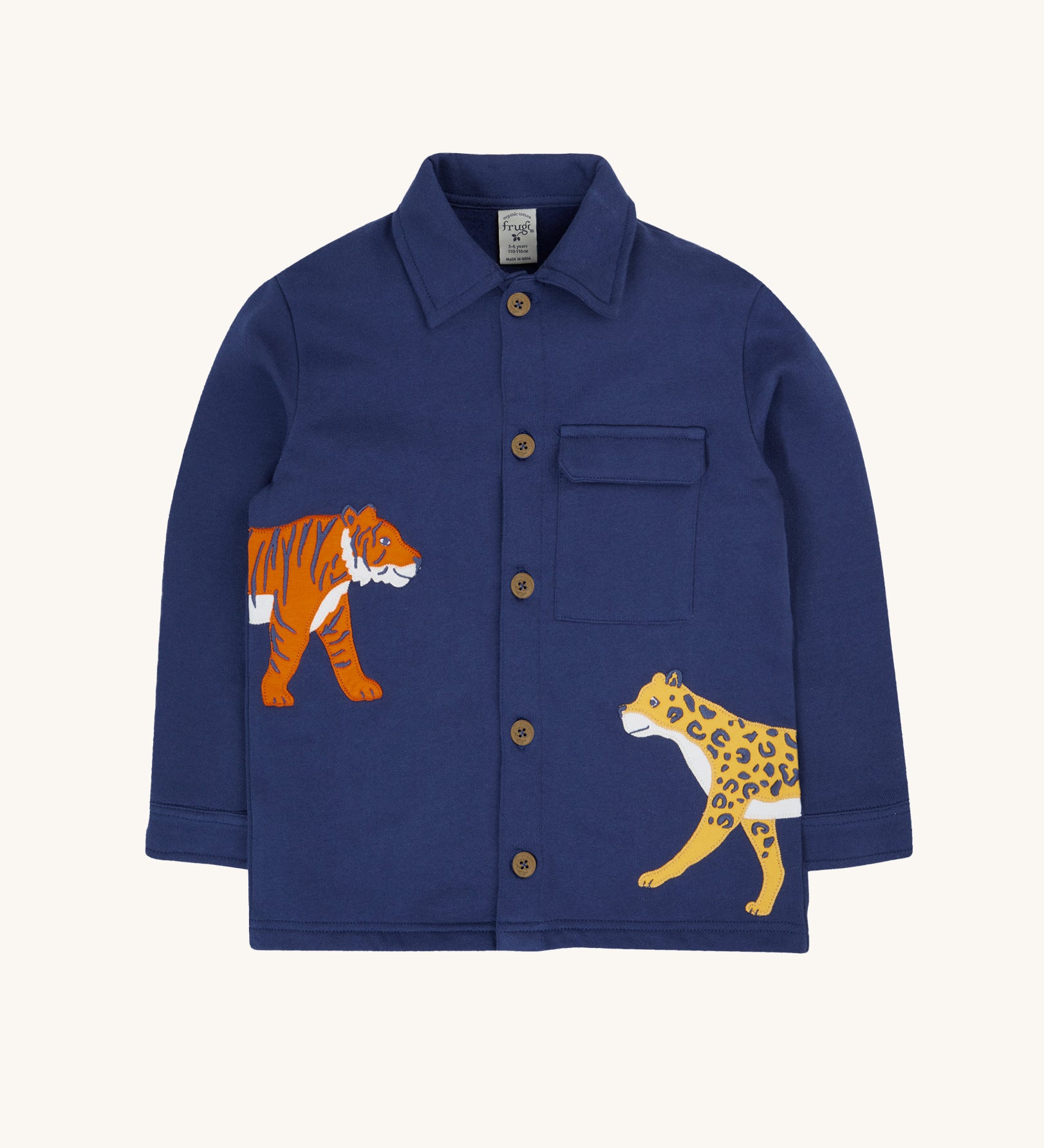 Frugi Big Cats Navy Organic Cotton Cosy Kids' Shirt Shaket. This shaket has a tiger and cheetah applique details on the sides. This navy shirt jacket is a part of a wide range of organic cotton clothing for children available here at Babipur.
