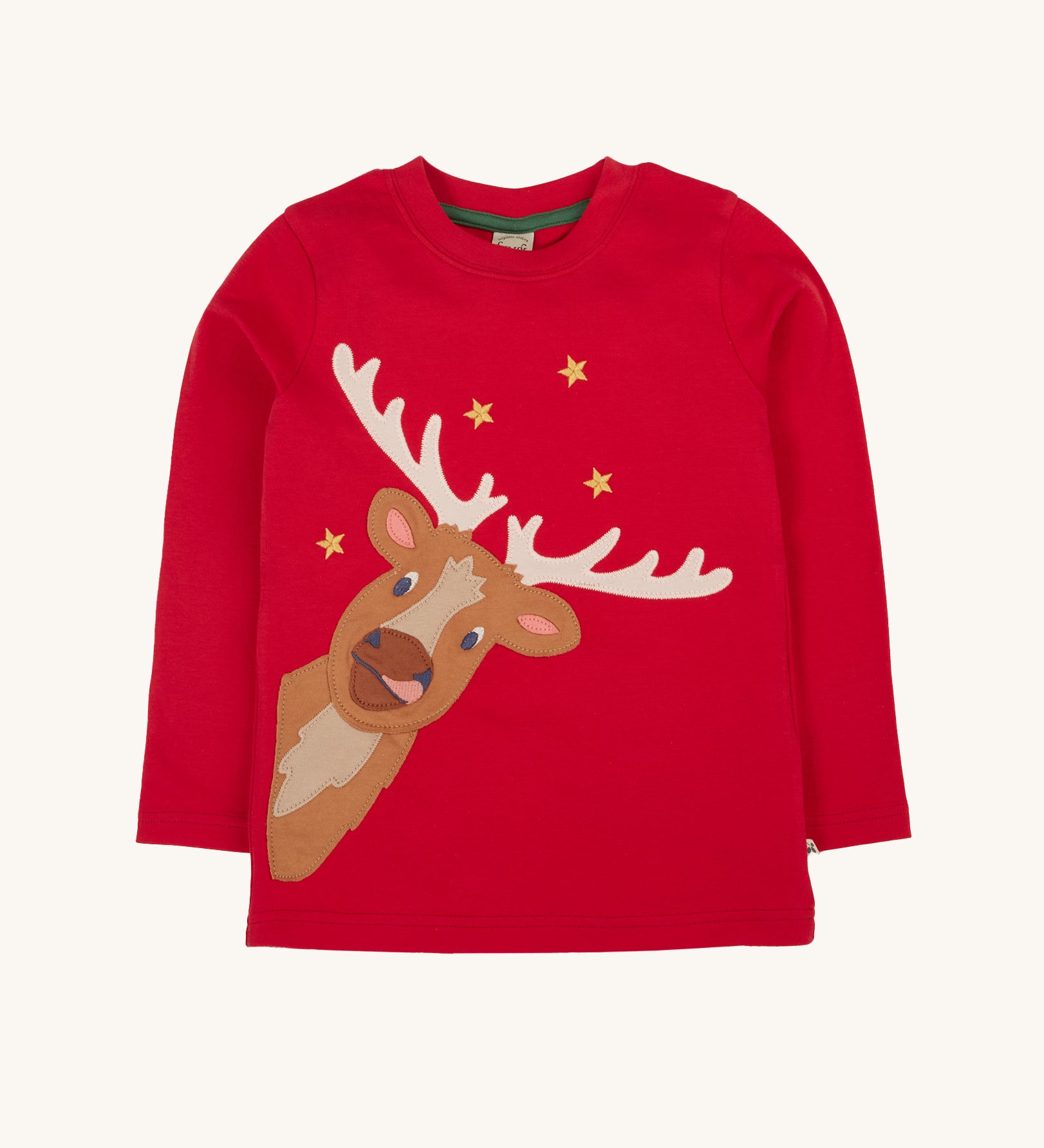 Frugi Berry Red Reindeer Terrific Circular Organic Cotton long sleeved kids Top. A red coloured children's top with a festive reindeer applique and gold stars on the front. This top is a part of a wide range of organic cotton clothing for children available here at Babipur.