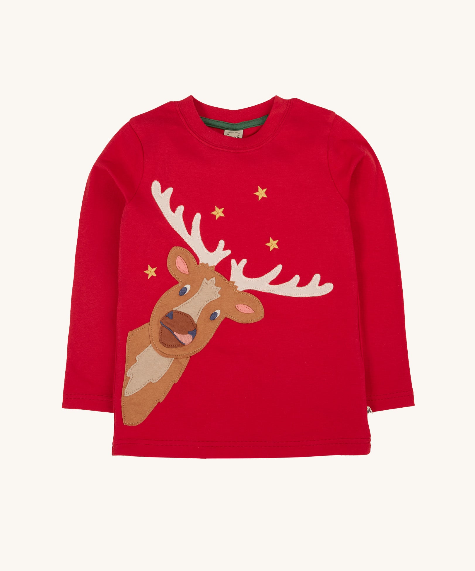 Frugi Berry Red Reindeer Terrific Circular Organic Cotton long sleeved kids Top. A red coloured children's top with a festive reindeer applique and gold stars on the front. This top is a part of a wide range of organic cotton clothing for children available here at Babipur.