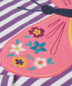A close up of the embroidered details on the wings of the butterfly applique detail on the front of the Frugi Children's organic cotton Bobby butterfly Applique purple striped  long sleeved Top. The top has a violet purple and white stripe background with a large decorated butterfly applique on the front. This top is a part of a wide range of organic cotton clothing for children available here at Babipur.