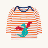 Frugi Children's Bobby dragon Applique orange and white striped long sleeved Top. This top is a part of a wide range of organic cotton clothing for children available here at Babipur.