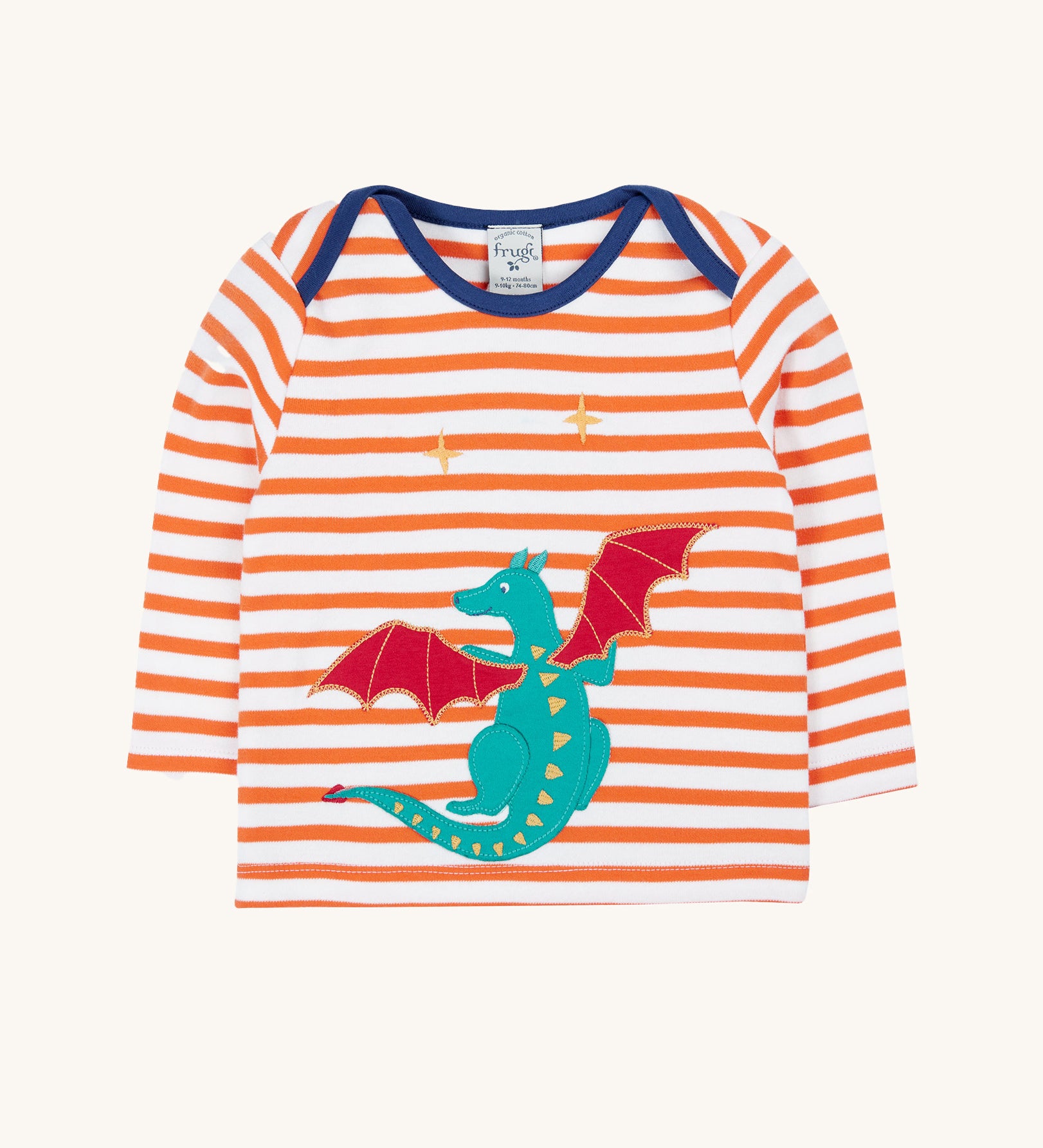 Frugi Children's Bobby dragon Applique orange and white striped long sleeved Top. This top is a part of a wide range of organic cotton clothing for children available here at Babipur.