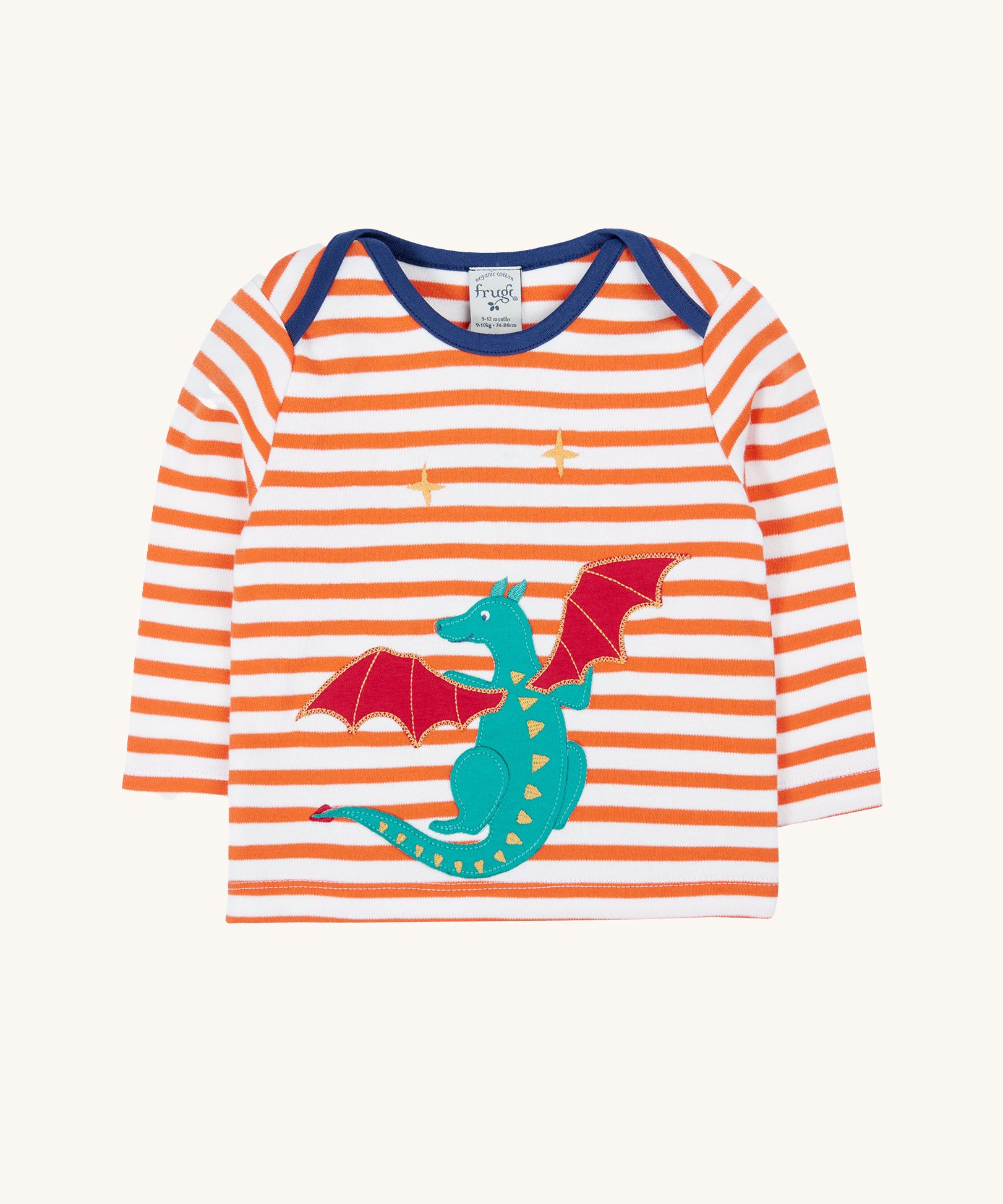 Frugi Children's Bobby dragon Applique orange and white striped long sleeved Top. This top is a part of a wide range of organic cotton clothing for children available here at Babipur.
