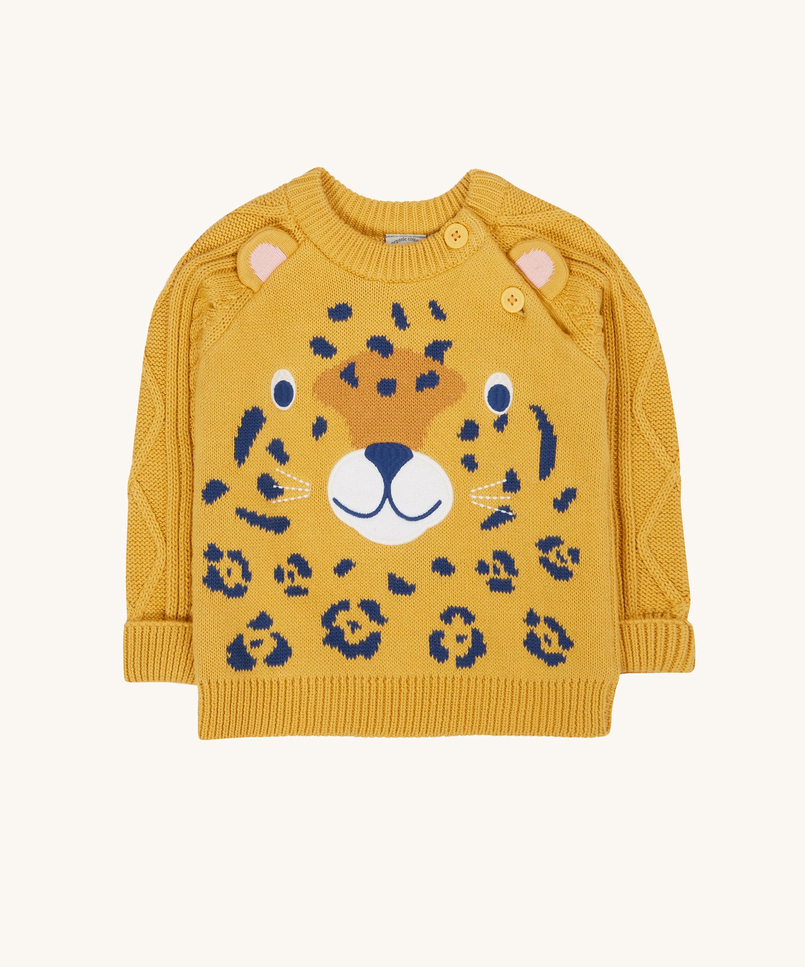 Frugi Caleb leopard Character Knit Organic Cotton Kids' Jumper. This knitted jumper is a part of a wide range of organic cotton clothing for children available here at Babipur.