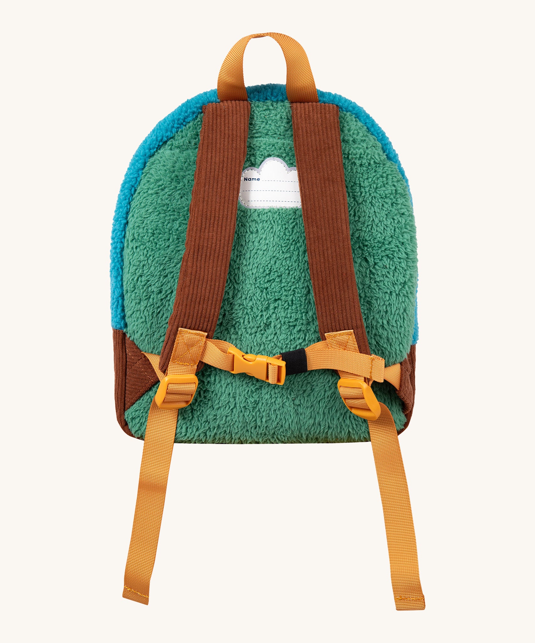 The back of the Frugi kids beary wild backpack. Showing the green fleece back panel with a name patch stitched on the top. Features brown corduroy shoulder staps with a yellow buckle for a secure fit