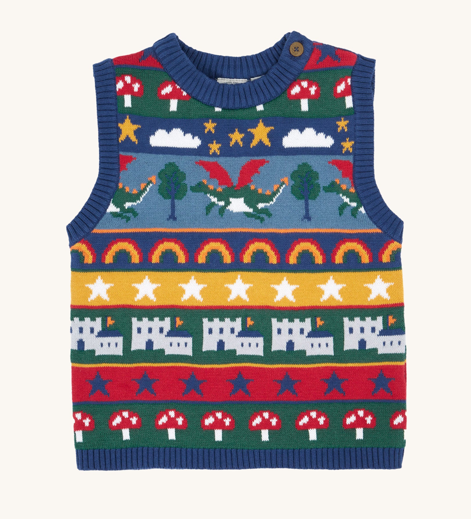 Frugi Dragon Fair Isle Organic Cotton Knitted Sweater Vest. A colourful design featuring dragons, rainbows, clouds, stars, toadstools and castles. This sweater vest is a part of a wide range of organic cotton clothing for children available here at Babipur.