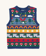 Frugi Dragon Fair Isle Organic Cotton Knitted Sweater Vest. A colourful design featuring dragons, rainbows, clouds, stars, toadstools and castles. This sweater vest is a part of a wide range of organic cotton clothing for children available here at Babipur.
