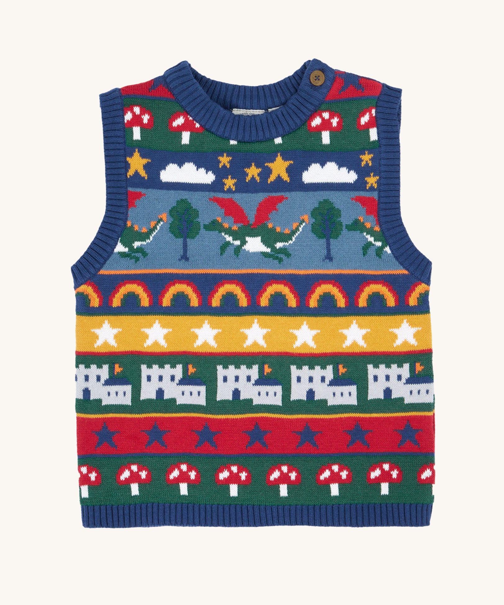 Frugi Dragon Fair Isle Organic Cotton Knitted Sweater Vest. A colourful design featuring dragons, rainbows, clouds, stars, toadstools and castles. This sweater vest is a part of a wide range of organic cotton clothing for children available here at Babipur.