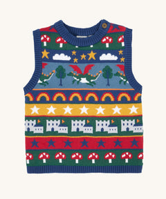 Frugi Dragon Fair Isle Organic Cotton Knitted Sweater Vest. A colourful design featuring dragons, rainbows, clouds, stars, toadstools and castles. This sweater vest is a part of a wide range of organic cotton clothing for children available here at Babipur.