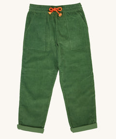 Frugi Kids' Organic Cotton Corduroy Trousers in a Holly Green colour with contrasting orange coloured waist tie.