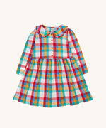 Frugi Rainbow Check Organic Cotton Ffion Dress. The dress has a rounded collar details and button closure on the front. This festive kids dress is a part of a wide range of organic cotton clothing for children available here at Babipur.