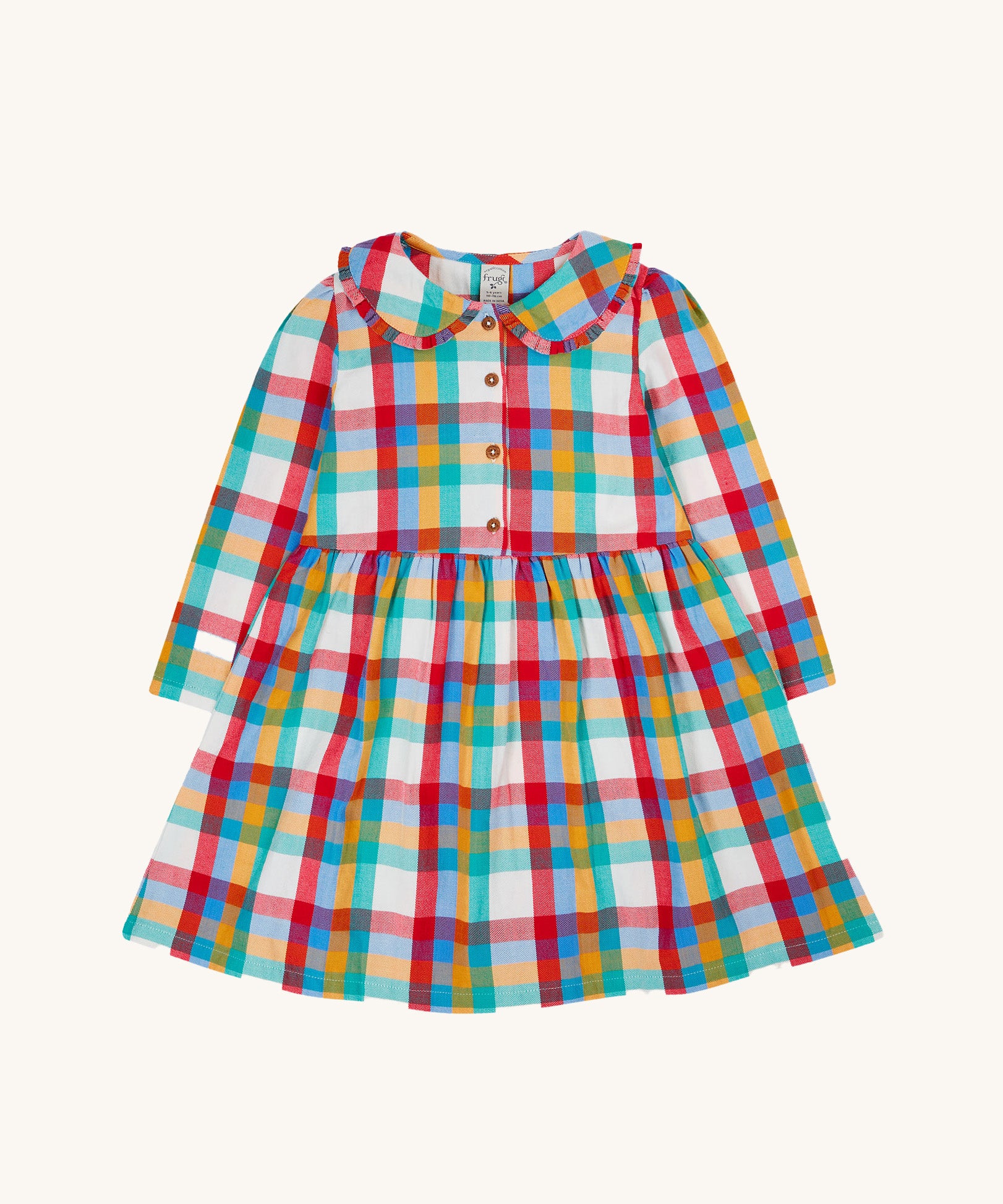 Frugi Rainbow Check Organic Cotton Ffion Dress. The dress has a rounded collar details and button closure on the front. This festive kids dress is a part of a wide range of organic cotton clothing for children available here at Babipur.