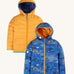 Frugi Children's Reversible Toasty Trail Jacket - Safari Camo, showing the yellow and safari patterns and print