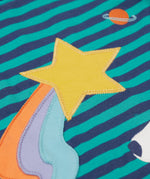 A close up of the yellow star applique on the front of the Frugi Polar Bear Discovery Circular Organic Cotton long sleeved kids Top.  This top is a part of a wide range of organic cotton clothing for children available here at Babipur.