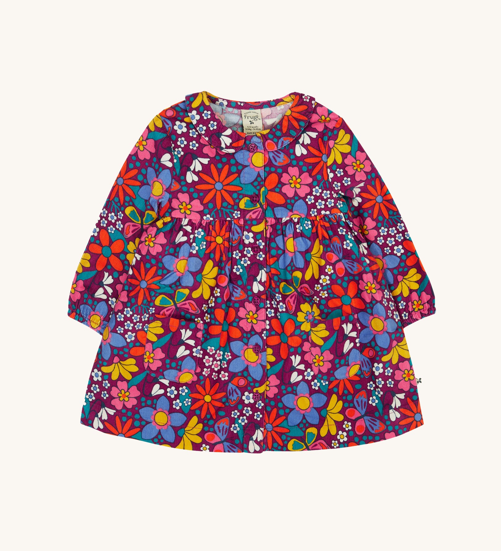Frugi Organic Cotton Chloe Corduroy Dress for Babies and Toddlers featuring a Retro Floral print design. This dress is a part of a wide range of organic cotton clothing for children available here at Babipur.