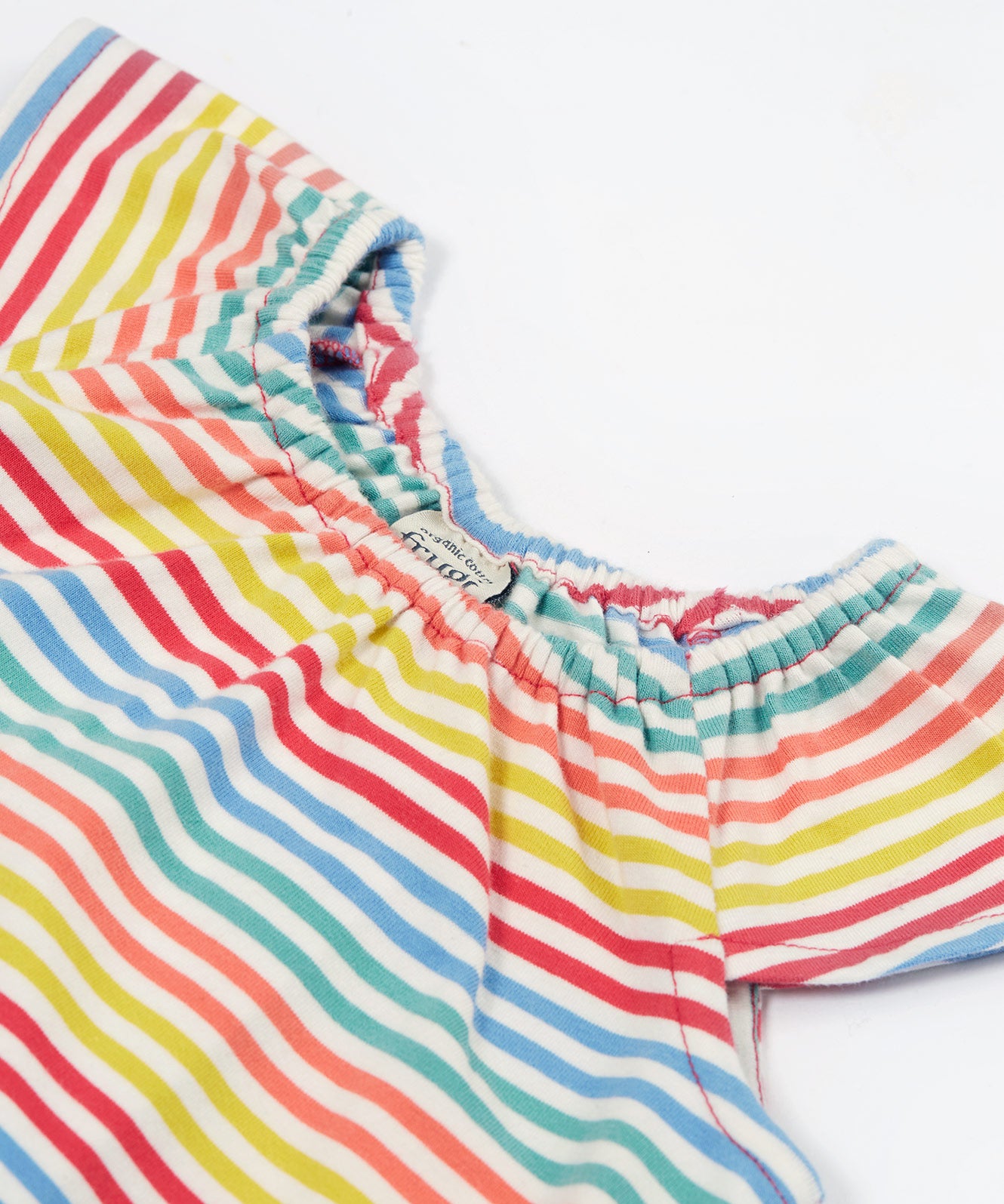 Close up of the Frugi kids cornflower rainbow stripe playsuit showing the 
stretchy neckline detail on striped organic cotton fabric.