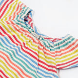 Close up of the Frugi kids cornflower rainbow stripe playsuit showing the 
stretchy neckline detail on striped organic cotton fabric.