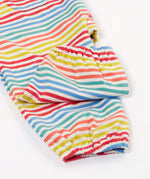 Close up of the Frugi kids cornflower rainbow stripe playsuit showing the short leg and elastic cuff detail on striped organic cotton fabric.